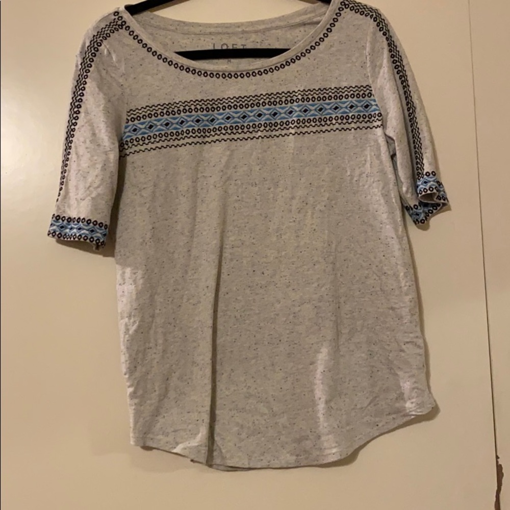 Heathered grey top with blue embroidery